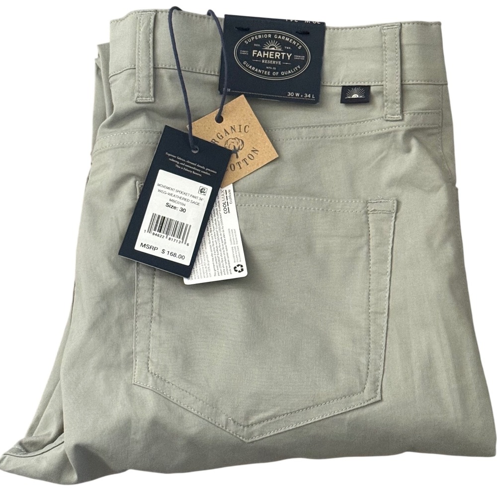 Faherty Reserve Movement Pant Weathered Sage 30x34 Organic Cotton Coolmax